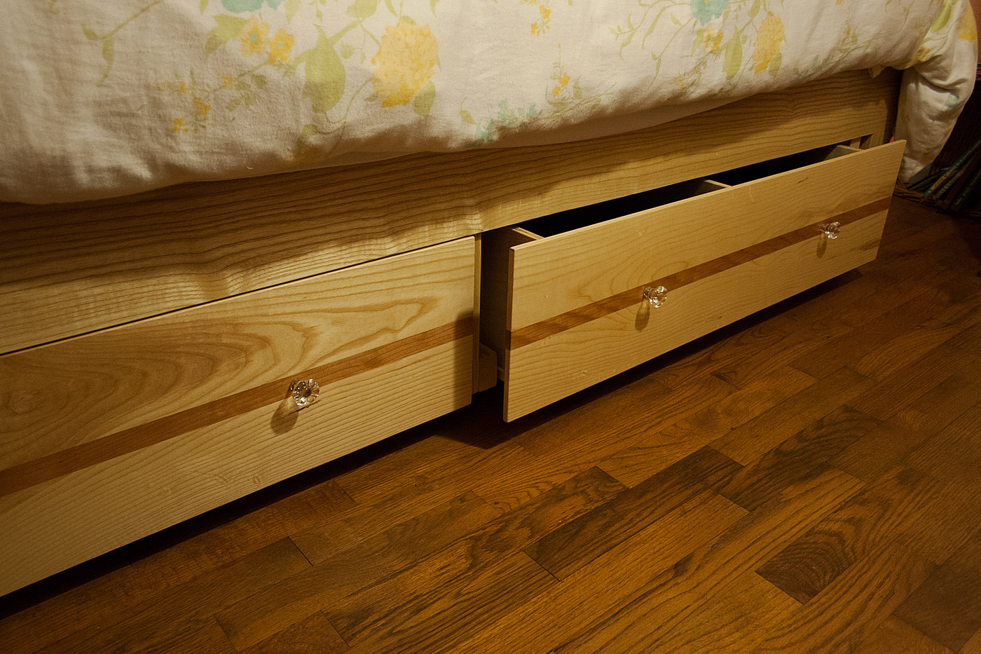 Ash w/ deep drawers with dividers, curly cherry stripe, and shelf